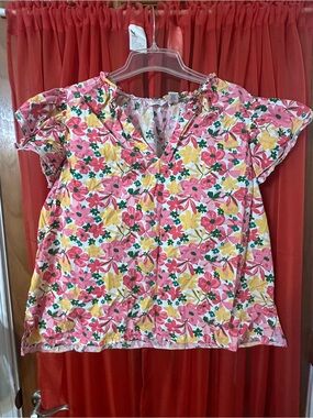 Kaktus Pink & Yellow Floral V-Neck Short Sleeve Top